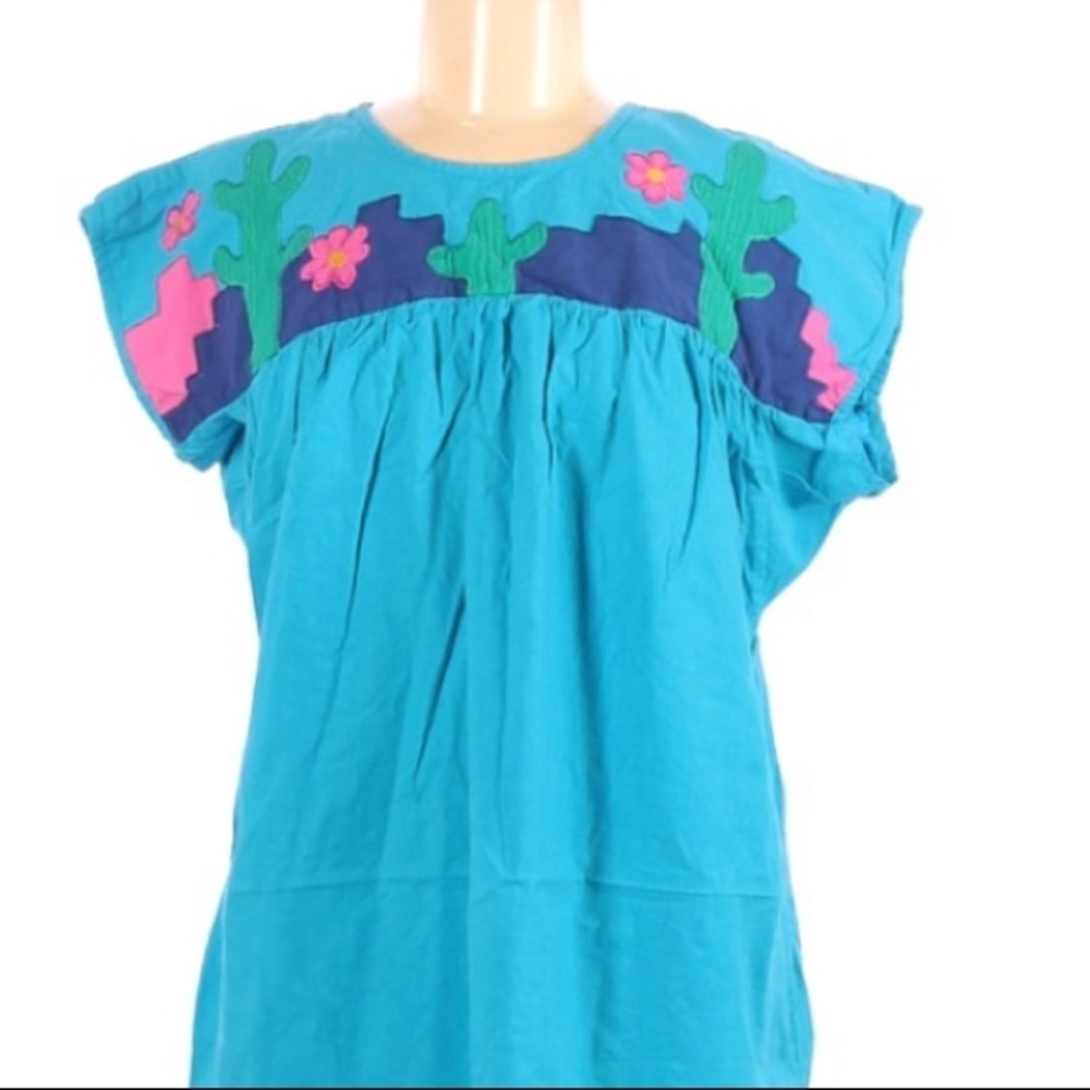 Cactus Flower Teal Summer Dress Medium Pink Green - Picture 2 of 10
